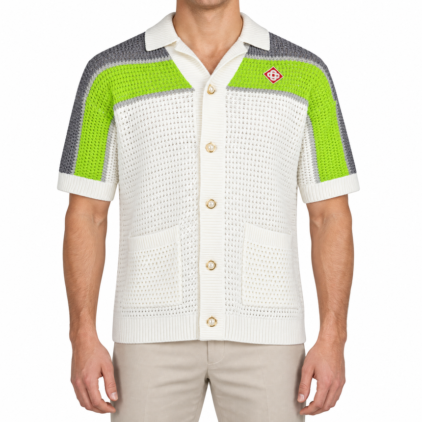 Casablanca Green and White Tennis Stripe Crochet Short Sleeve Shirt