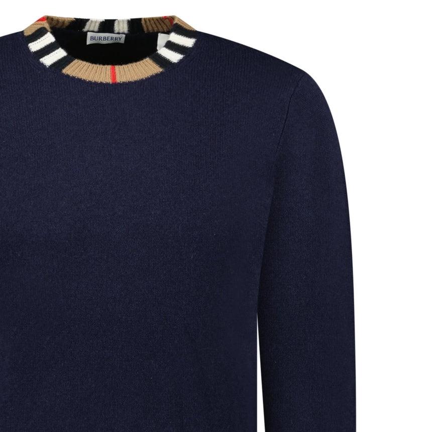 Burberry 'Noland' Knitted Wool/ Cashmere Jumper Check Neck Navy