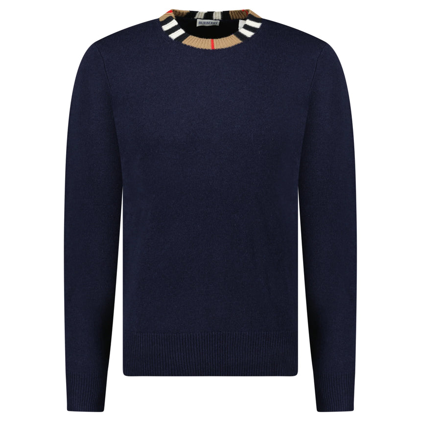 Burberry 'Noland' Knitted Wool/ Cashmere Jumper Check Neck Navy