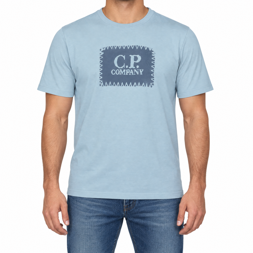 CP Company 30/1 Jersey Stitch Block Logo T-Shirt in Silver Blue