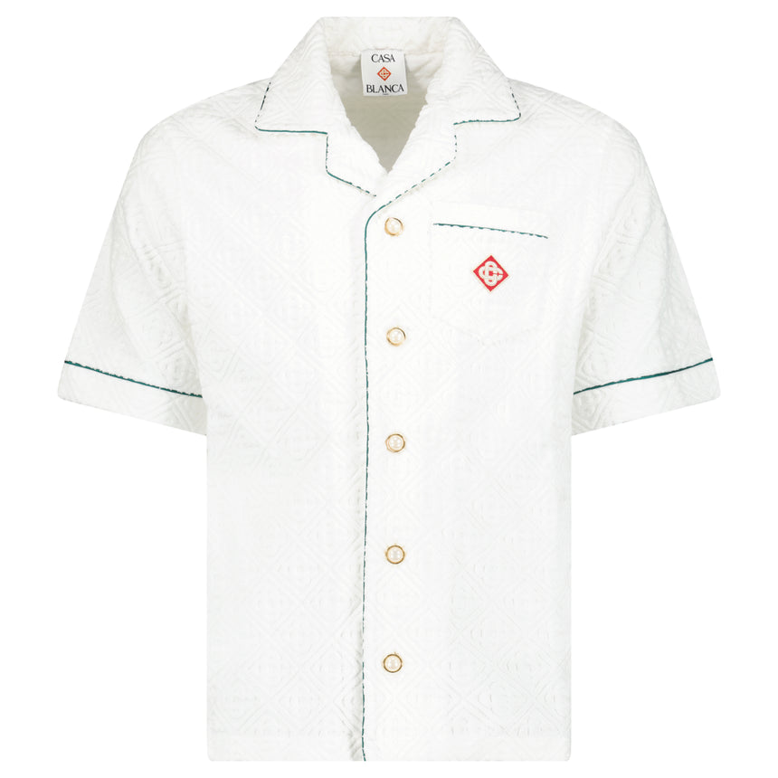 Casablanca White Towelling Monogram Short Sleeve Shirt with Green Piping