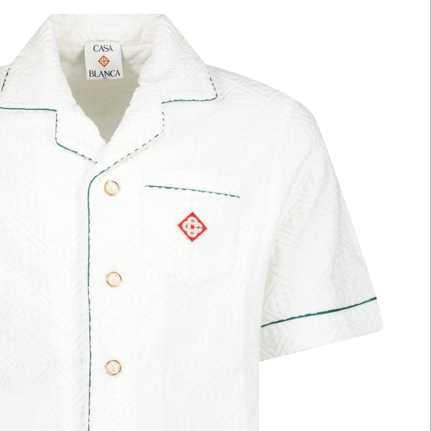 Casablanca White Towelling Monogram Short Sleeve Shirt with Green Piping