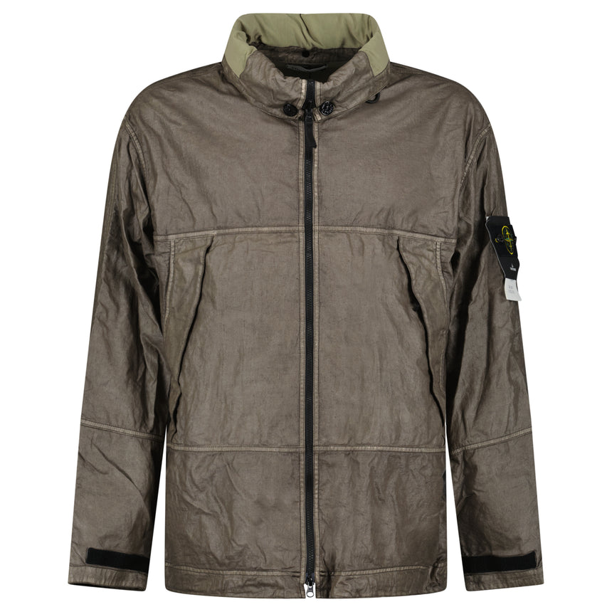 Stone Island Raw Linen Plated-OVD Short Parka in Military Green