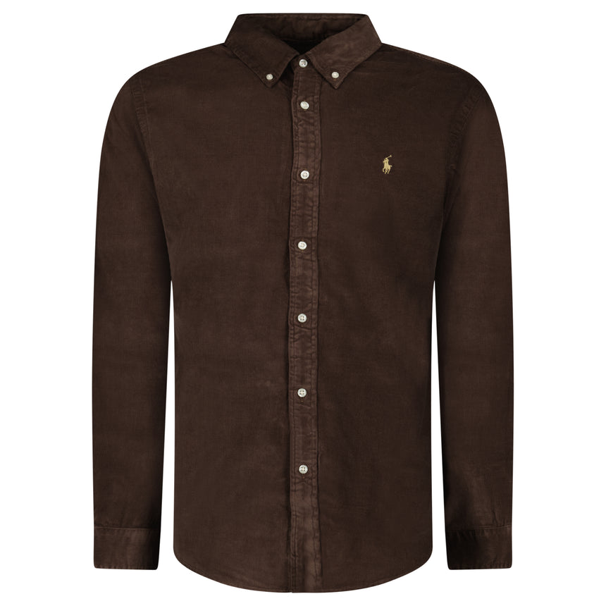 Polo Ralph Lauren Button-Down Collar Logo-Embroidered Cotton-Corduroy Shirt in Brown