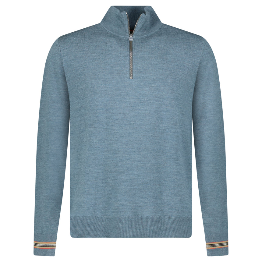 Burberry Icon Stripe Trim Wool Quarter-Zip Jumper in Seaspray Green Melange