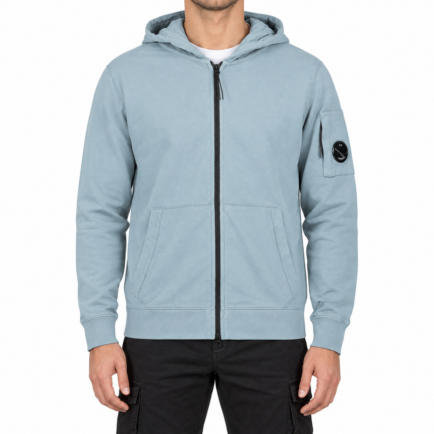 CP Company Light Fleece Zip Hooded Lens Sweatshirt in Silver Blue