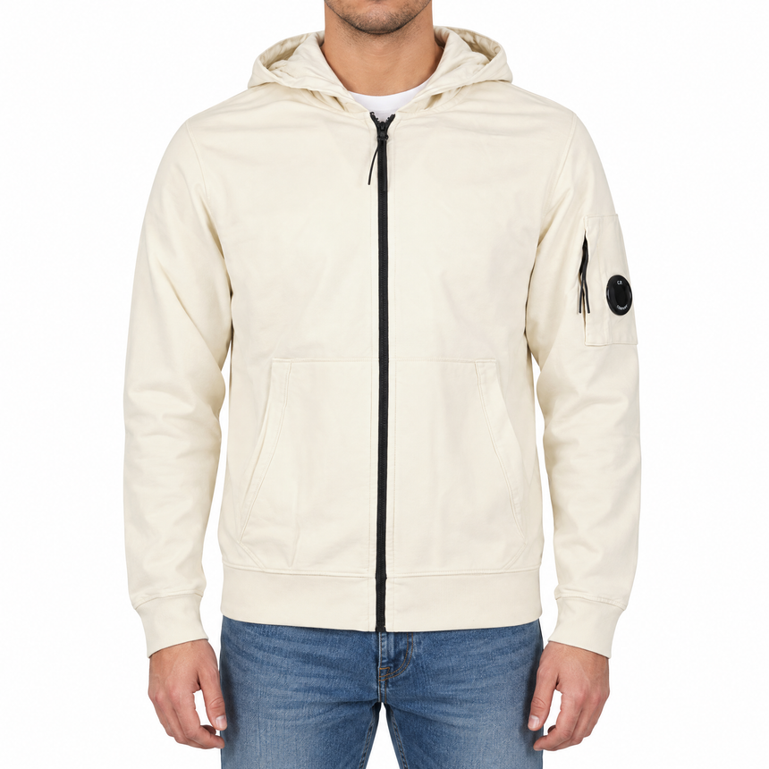 CP Company Light Fleece Zip Hooded Lens Sweatshirt in Frozen Dew Beige