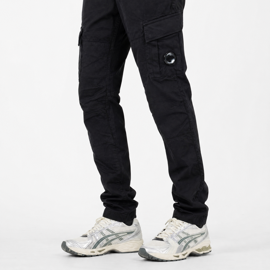 CP Company Stretch Sateen Ergonomic Lens Double Cargo Pants in Black