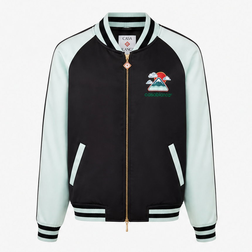 Casablanca Embroidered Satin Bomber Jacket in Mint and Black