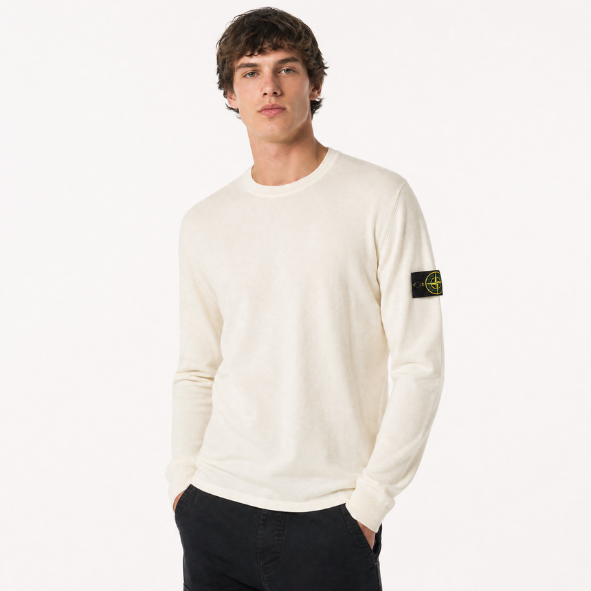 Stone Island Compass Badge Light Raw Hand Organic Cotton Jumper in Ivory