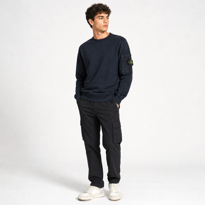 Stone Island Cotton Fleece Pocket Crewneck Sweatshirt in Navy