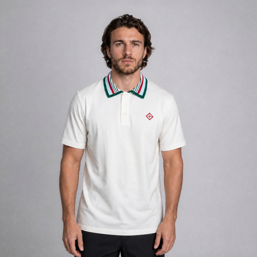 Casablanca Mint Stripe Knit Collar Classic Polo in Ivory