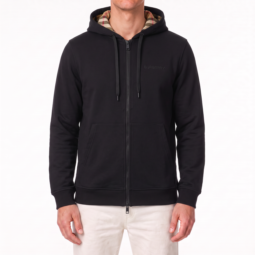Burberry 'Hove' check Hood Embroidery Logo Hoodie Zip Sweatshirt Black