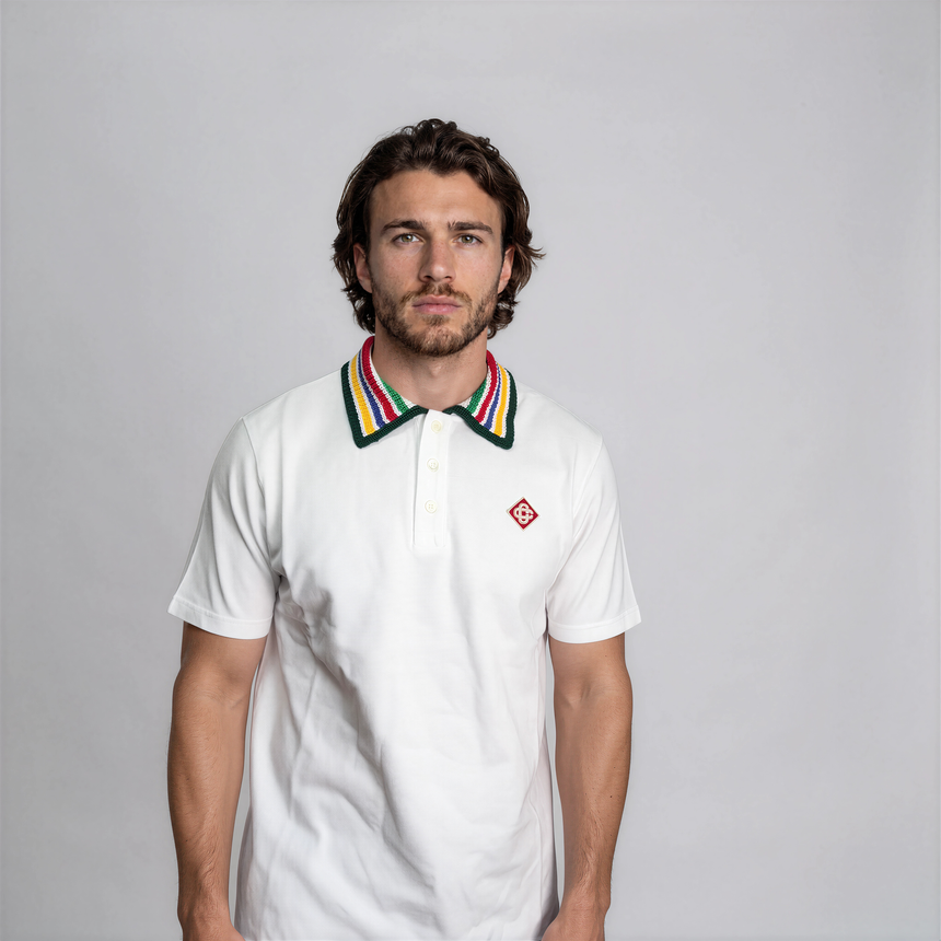 Casablanca Primary Stripe Knit Collar Classic Polo in Bright White