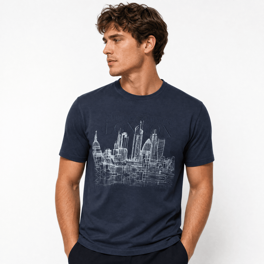 Armani London Skyline Graphic T-Shirt in Graphite Blue - Boinclo - Outlet Sale Under Retail
