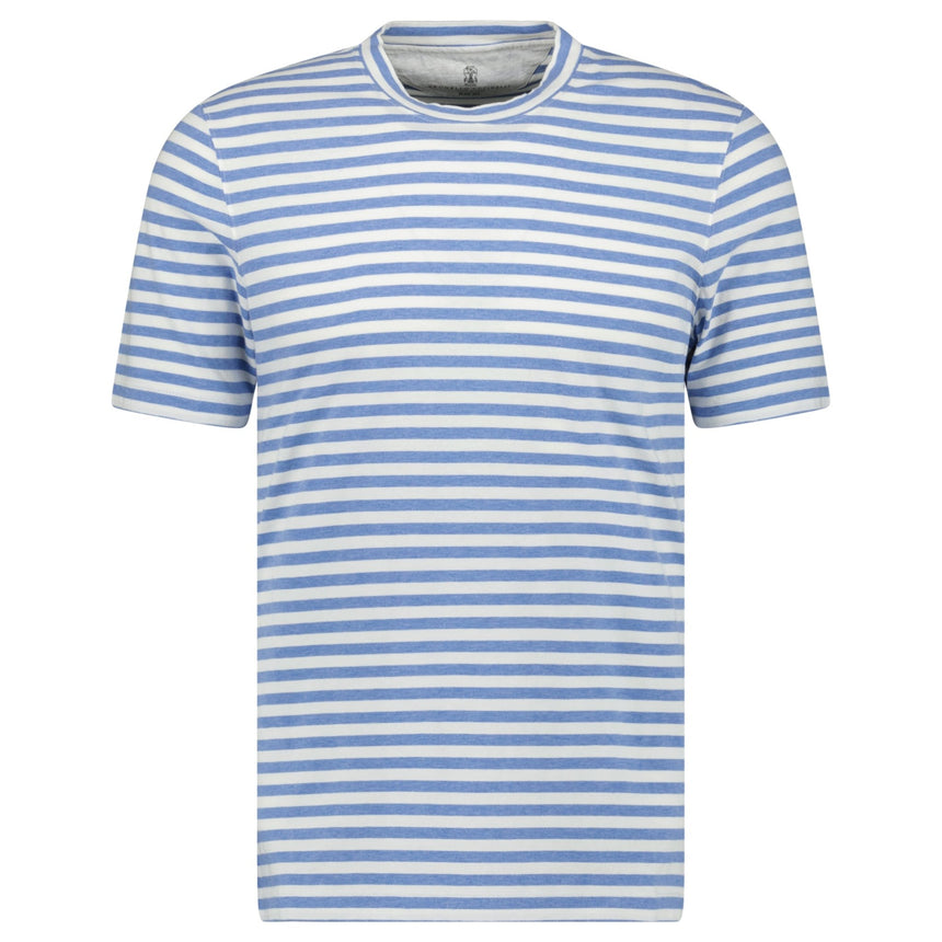 Brunello Cucinelli Stripe Crew Neck Slim Fit T-Shirt White & Blue - Boinclo - Outlet Sale Under Retail