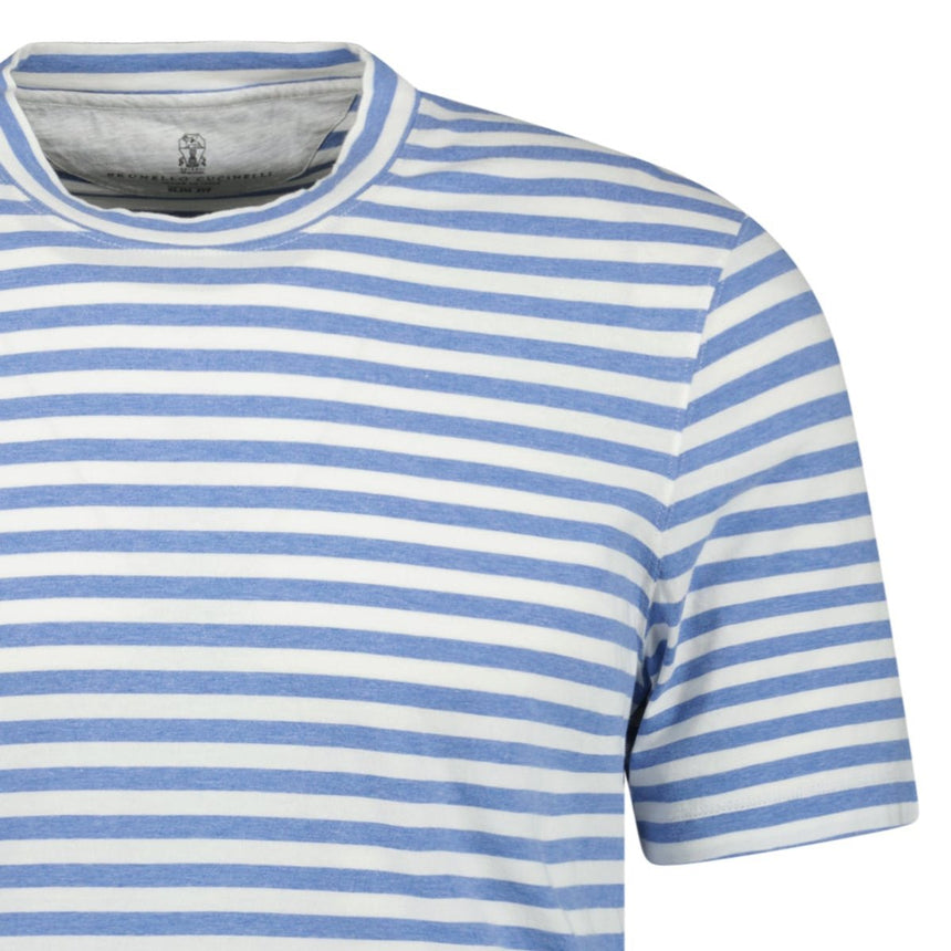 Brunello Cucinelli Stripe Crew Neck Slim Fit T-Shirt White & Blue - Boinclo - Outlet Sale Under Retail