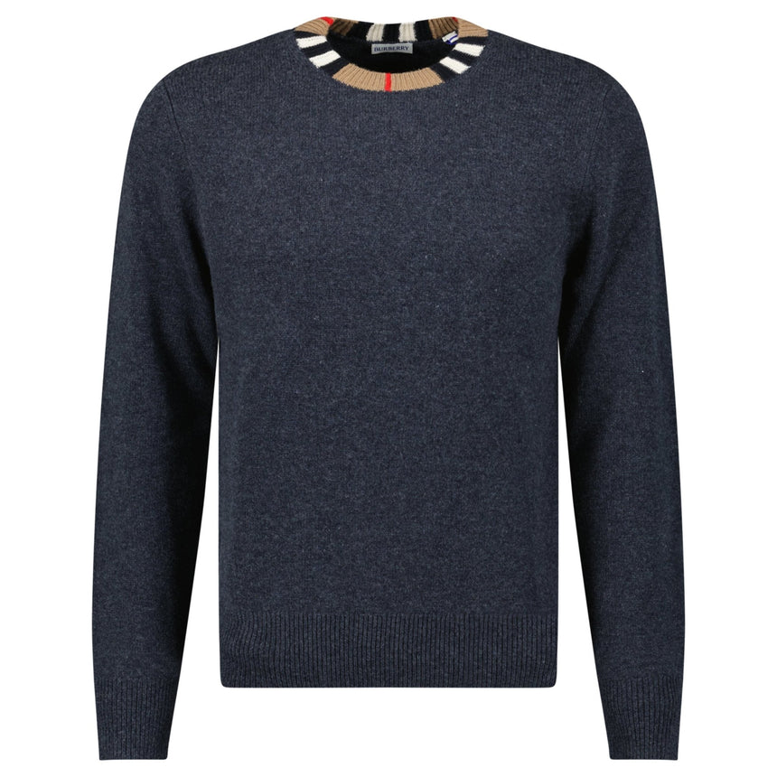 Burberry 'Noland' Knitted Wool/ Cashmere Jumper Check Neck Charcoal Grey - Boinclo - Outlet Sale Under Retail