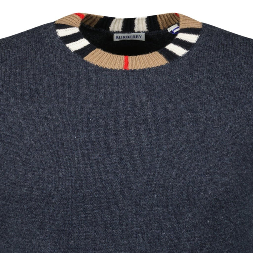 Burberry 'Noland' Knitted Wool/ Cashmere Jumper Check Neck Charcoal Grey - Boinclo - Outlet Sale Under Retail