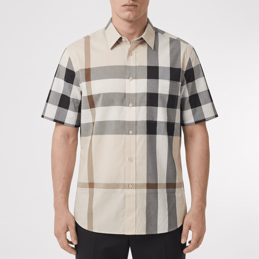 Burberry Claverdon Short-Sleeved Check Stretch Cotton Shirt in Modern Beige - Boinclo - Outlet Sale Under Retail