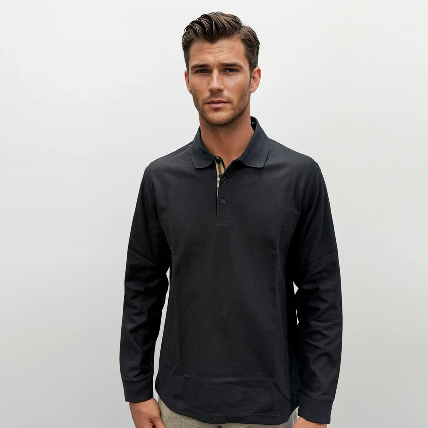 Burberry 'Hartford' Long Sleeved Check Placket Polo - Shirt Navy - Boinclo - Outlet Sale Under Retail