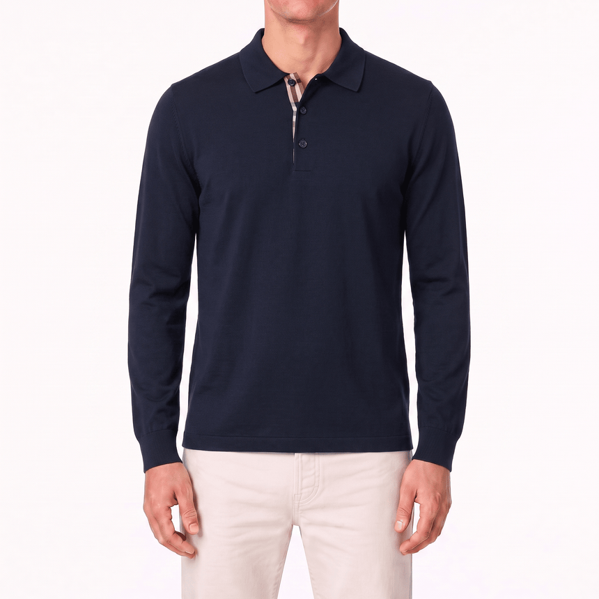 Burberry 'Hartford' Long Sleeved Check Placket Polo-Shirt Navy - Boinclo - Outlet Sale Under Retail