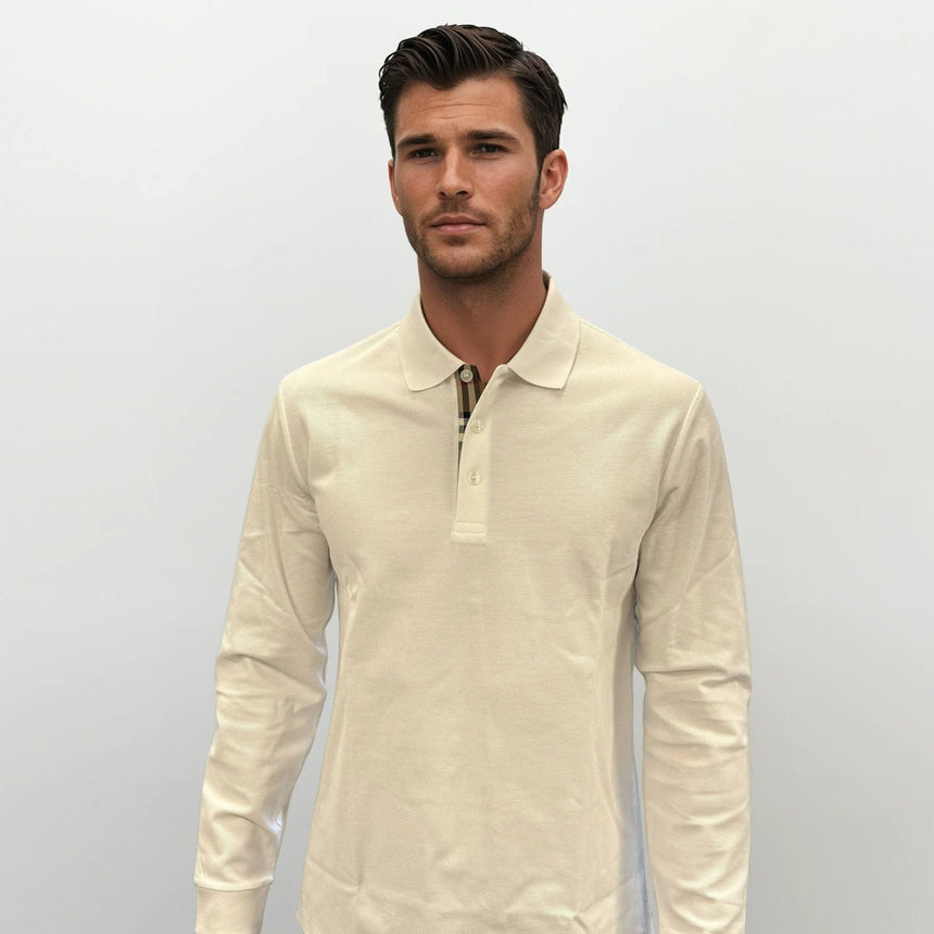 Burberry 'Hartford' Long Sleeved Check Placket Polo - Shirt White - Boinclo - Outlet Sale Under Retail