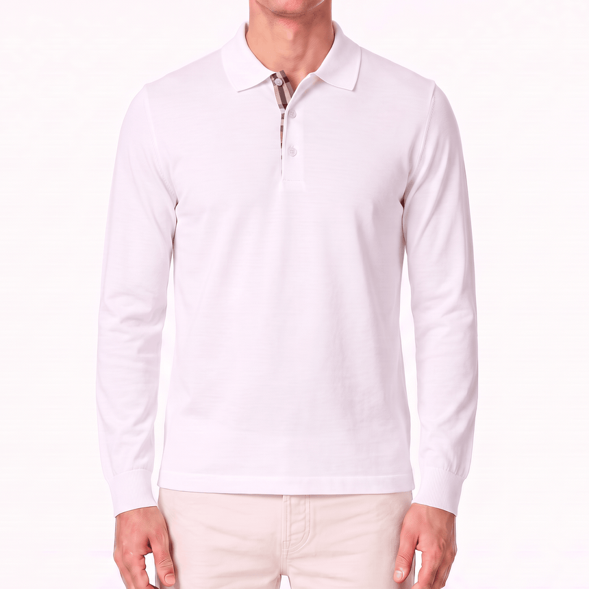 Burberry 'Hartford' Long Sleeved Check Placket Polo-Shirt White - Boinclo - Outlet Sale Under Retail