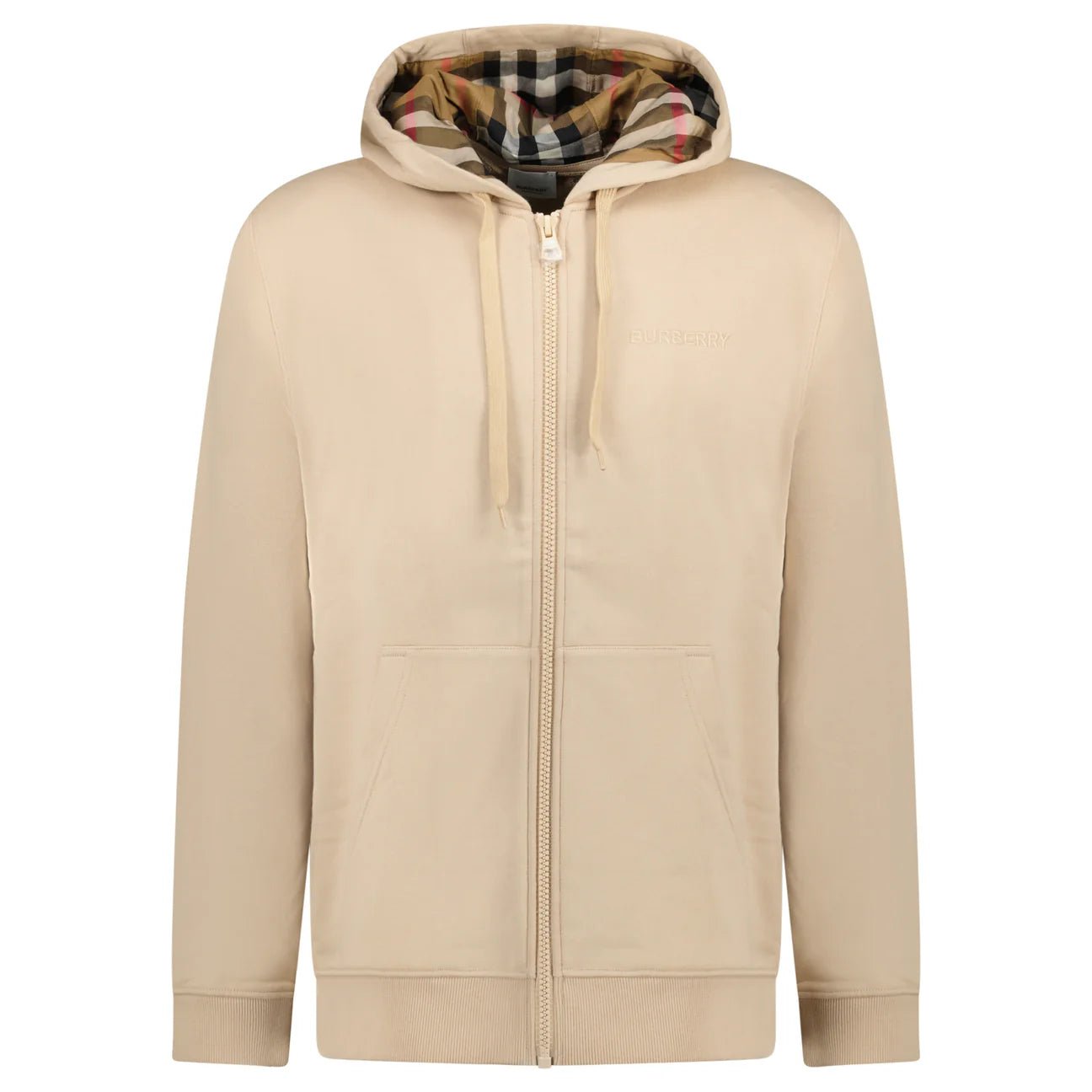Color variation of Burberry 'Hove' check Hood Embroidery Logo Hoodie Zip Sweatshirt Beige