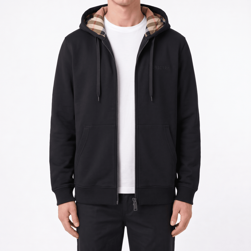 Burberry 'Hove' check Hood Embroidery Logo Hoodie Zip Sweatshirt Black - Boinclo - Outlet Sale Under Retail