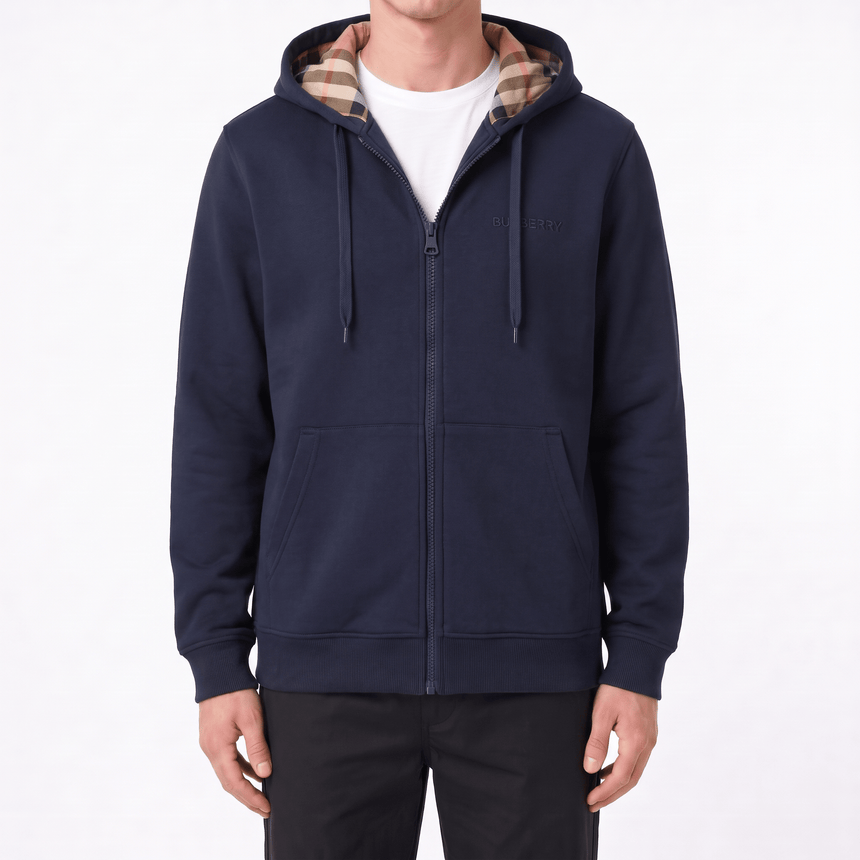 Burberry 'Hove' check Hood Embroidery Logo Hoodie Zip Sweatshirt Navy - Boinclo - Outlet Sale Under Retail