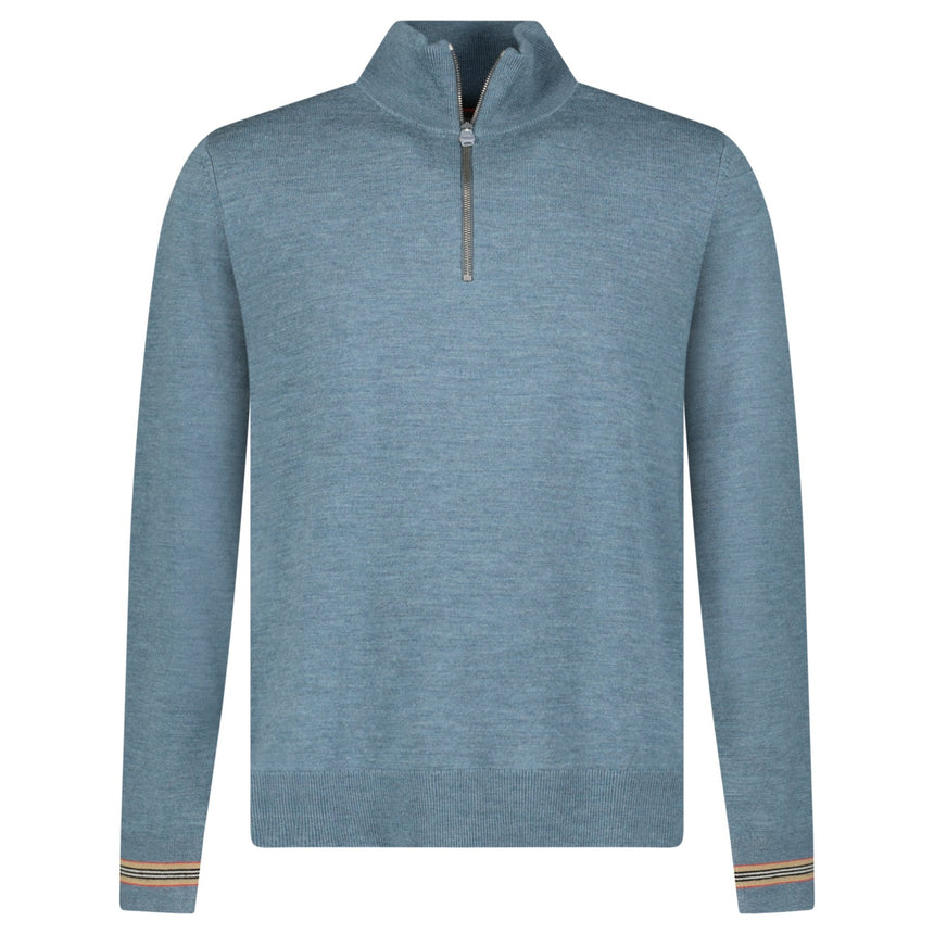 Burberry Icon Stripe Trim Wool Quarter-Zip Jumper in Seaspray Green Melange - Boinclo - Outlet Sale Under Retail