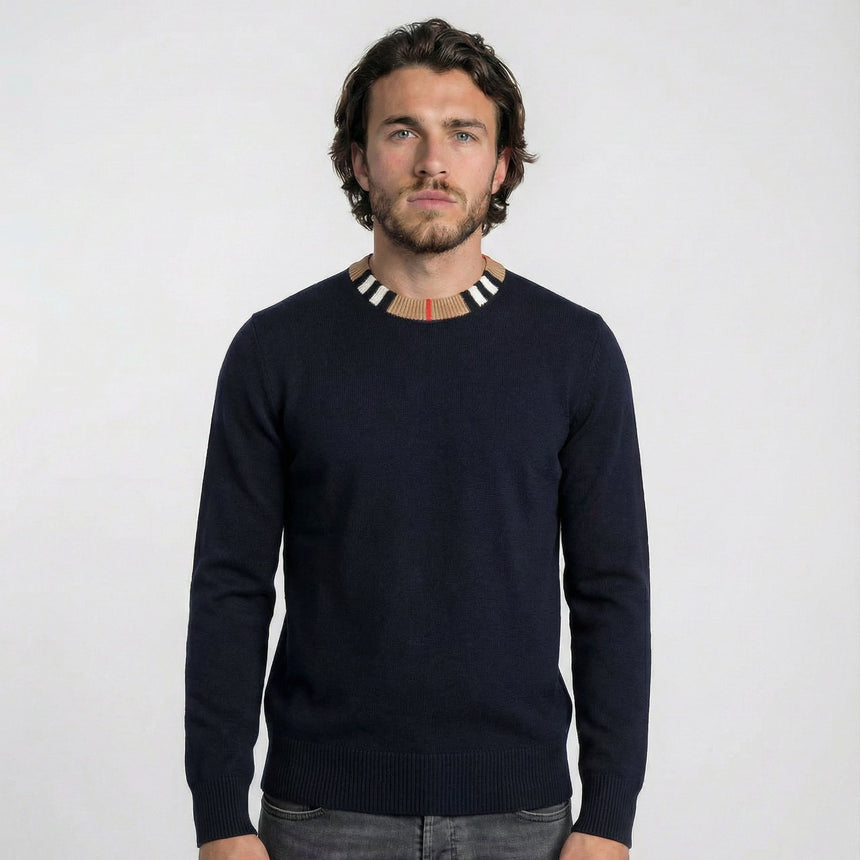 Burberry 'Noland' Knitted Wool/ Cashmere Jumper Check Neck Navy - Boinclo - Outlet Sale Under Retail