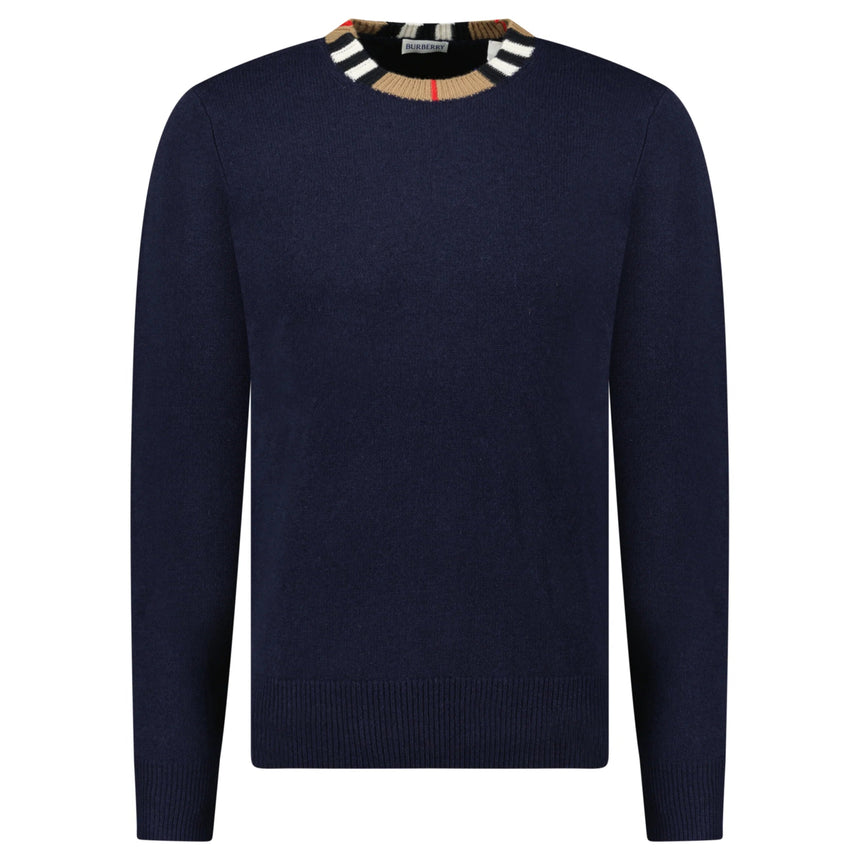 Burberry 'Noland' Knitted Wool/ Cashmere Jumper Check Neck Navy - Boinclo - Outlet Sale Under Retail