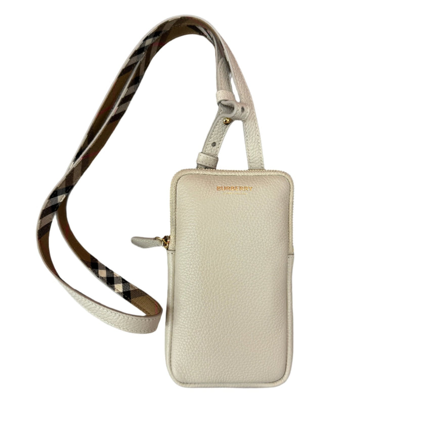 Burberry Phone Pouch Check Strap Grained Leather in Limestone - Boinclo - Outlet Sale Under Retail