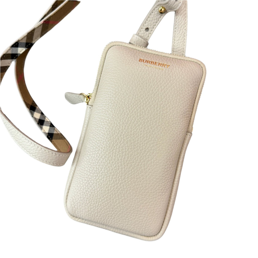 Burberry Phone Pouch Check Strap Grained Leather in Limestone - Boinclo - Outlet Sale Under Retail
