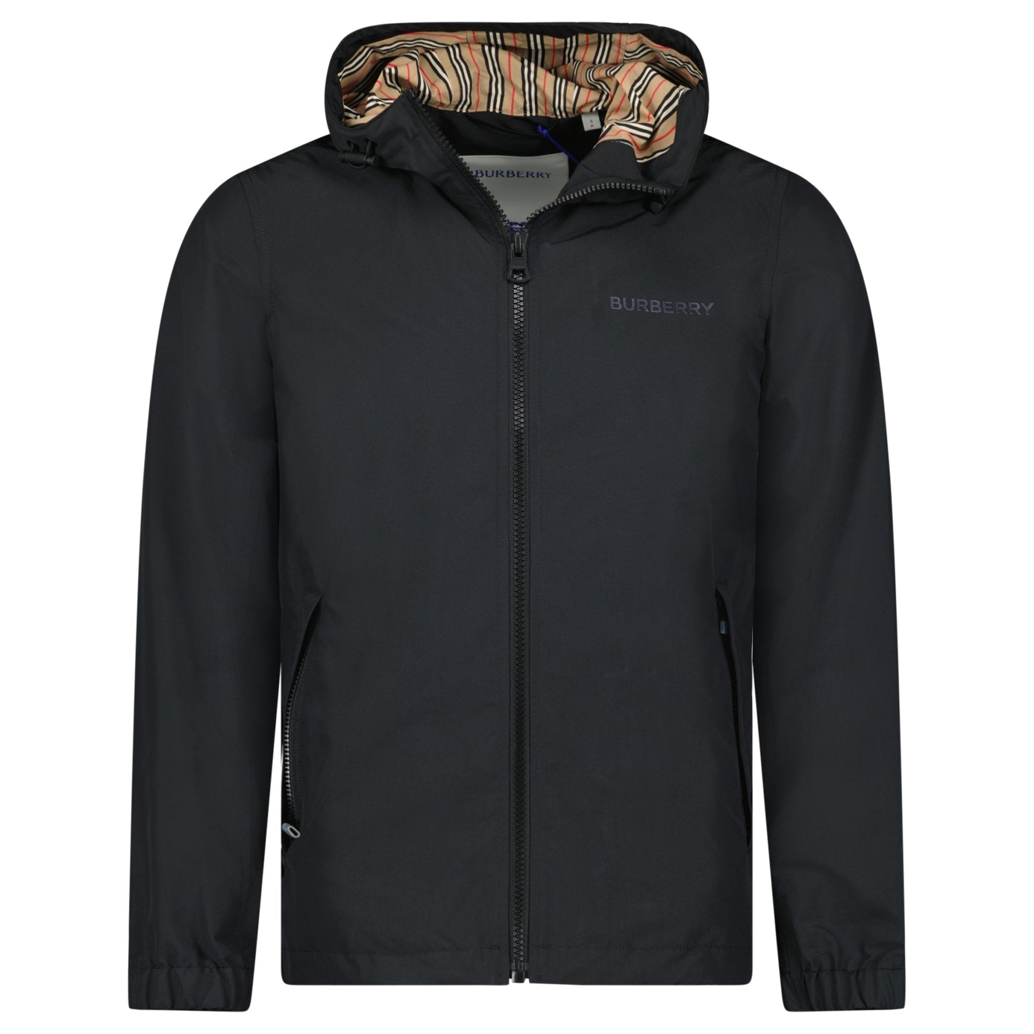 BURBERRY ストライプ ジップアップアウター Burberry 'Stanford' Zip-Up Stripe Hooded Jacket Black - Outlet