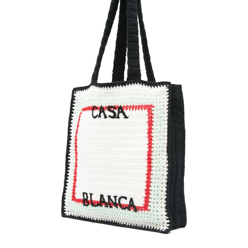 Casablanca Cotton Crochet Knit Tote Bag in White and Navy - Boinclo - Outlet Sale Under Retail
