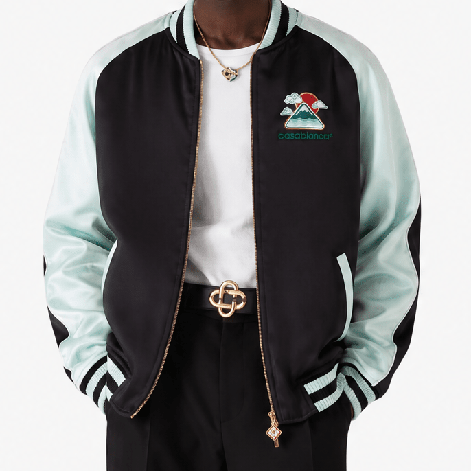 Casablanca Embroidered Satin Bomber Jacket in Mint and Black - Boinclo - Outlet Sale Under Retail