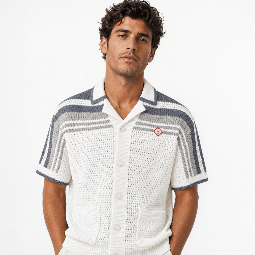Casablanca Tennis Striped Crochet Short Sleeve Shirt in White/Grey - Boinclo - Outlet Sale Under Retail