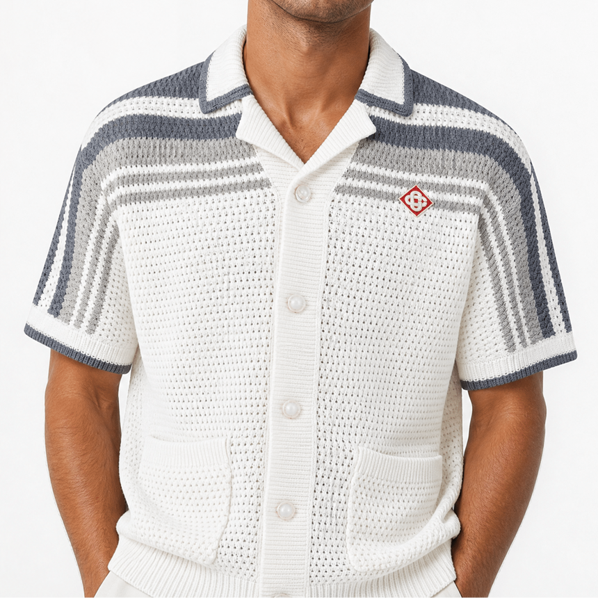 Casablanca Tennis Striped Crochet Short Sleeve Shirt in White/Grey - Boinclo - Outlet Sale Under Retail