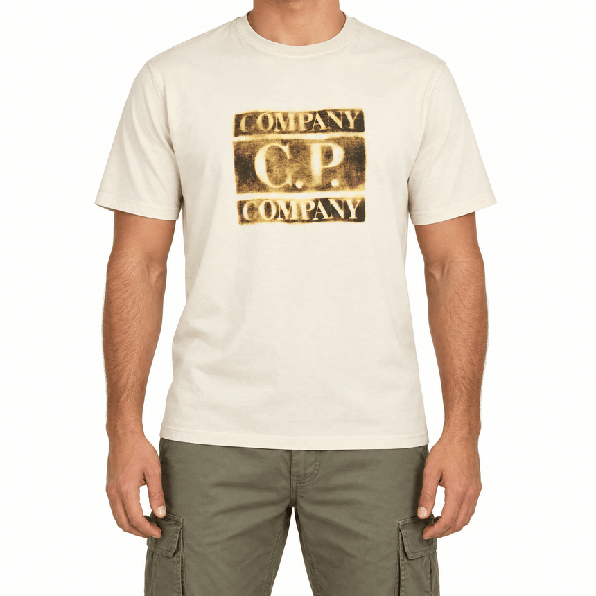 CP Company 30/1 Jersey Short Sleeve Faded Logo T-Shirt in Frozen Dew Beige - Boinclo - Outlet Sale Under Retail