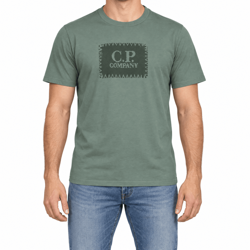 CP Company 30/1 Jersey Stitch Block Logo T-Shirt in Laurel Wreath Green - Boinclo - Outlet Sale Under Retail