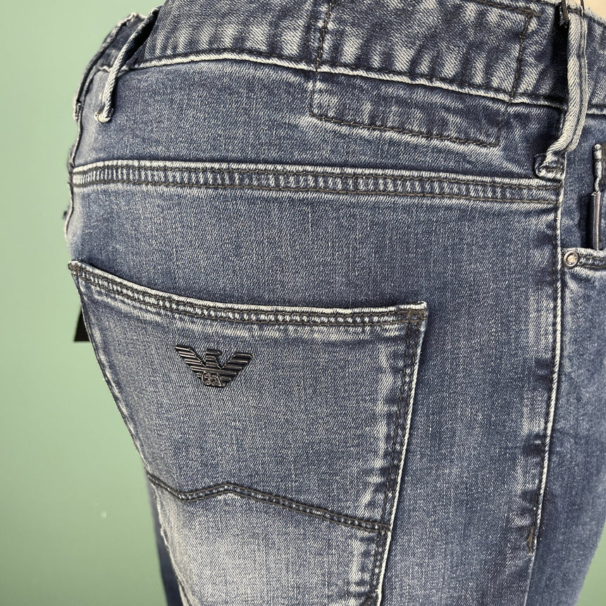 Emporio Armani J06 Slim Fit 5 Pocket Silver Eagle Belt Patch Jeans Blue - Boinclo - Outlet Sale Under Retail