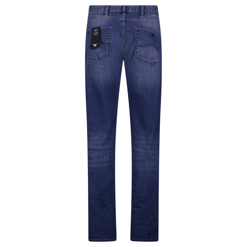 Emporio Armani J45 Regular Fit 5 Pocket Black Eagle Distressed Belt Patch Jeans Blue - Boinclo - Outlet Sale Under Retail