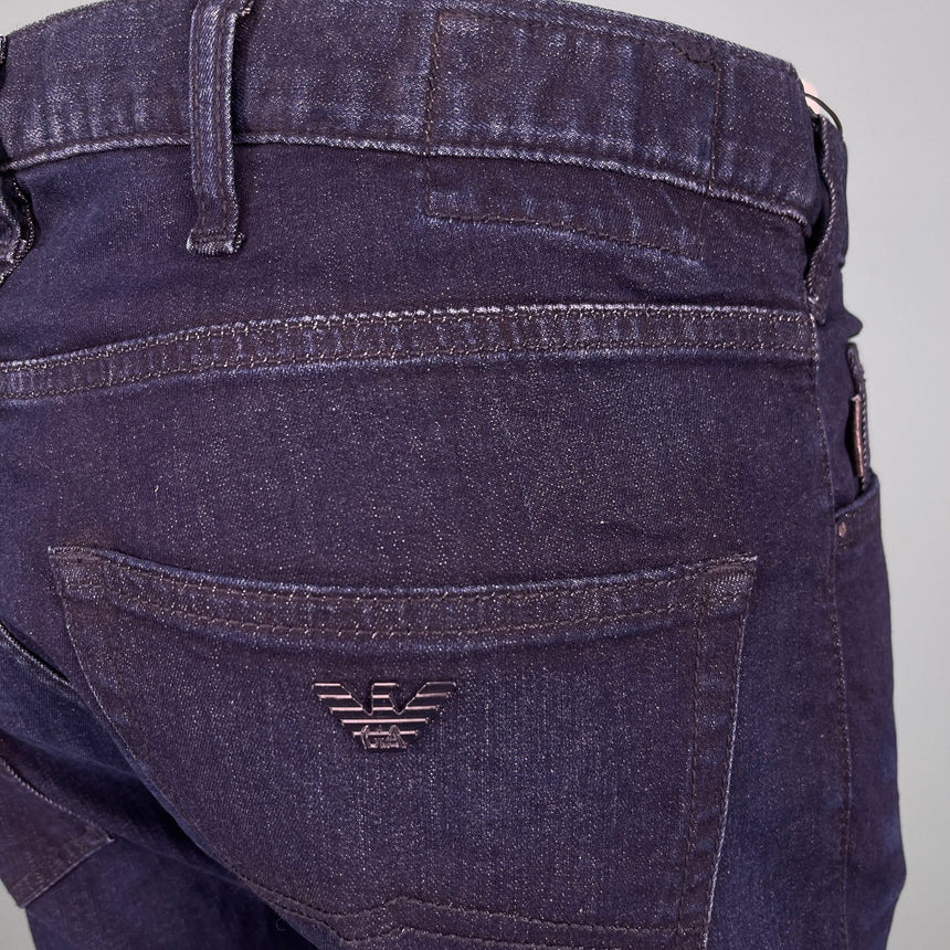 Emporio Armani J45 Regular Fit 5 Pocket Black Eagle Distressed Belt Patch Jeans Blue - Boinclo - Outlet Sale Under Retail