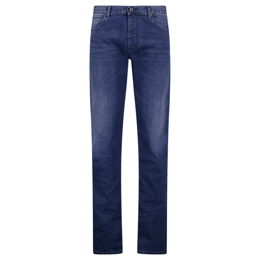 Emporio Armani J45 Regular Fit 5 Pocket Black Eagle Distressed Belt Patch Jeans Blue - Boinclo - Outlet Sale Under Retail