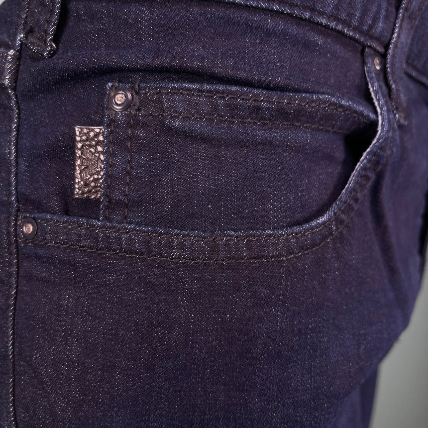 Emporio Armani J45 Regular Fit 5 Pocket Black Eagle Distressed Belt Patch Jeans Blue - Boinclo - Outlet Sale Under Retail