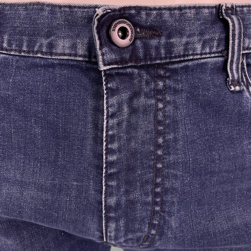 Emporio Armani J45 Slim Fit 5 Pocket Black Eagle Distressed Belt Patch Jeans Dark Blue - Boinclo - Outlet Sale Under Retail