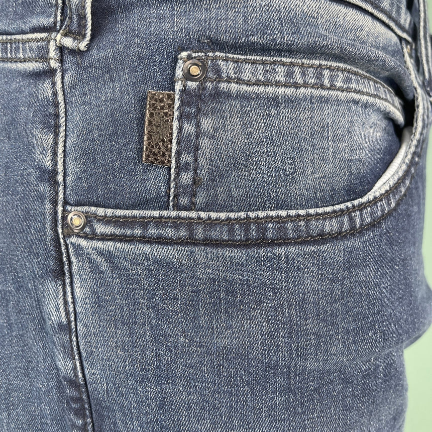 Emporio Armani J45 Slim Fit 5 Pocket Black Eagle Distressed Belt Patch Jeans Dark Blue - Boinclo - Outlet Sale Under Retail